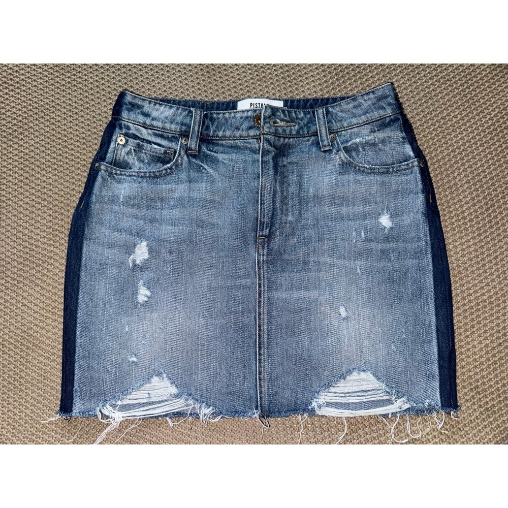 Pistola Distressed Curved Ripped Hem Distress Denim Skirt side stripe Size 28